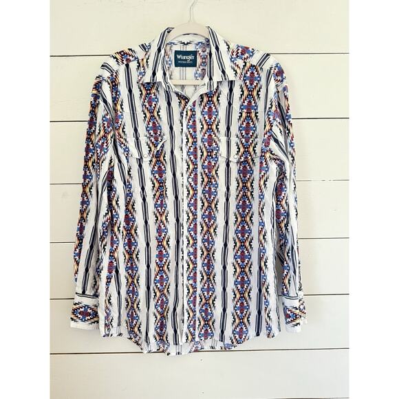 Retro Wrangler Shirt Men Large White Southwestern Aztec Print Pearl Snap Rodeo - Picture 1 of 9